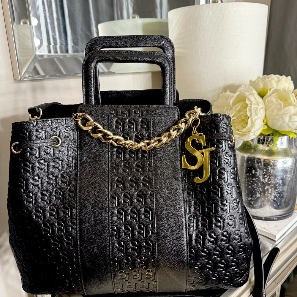 Black Embossed Brand New SJ Tote Bag with Gold Chain
